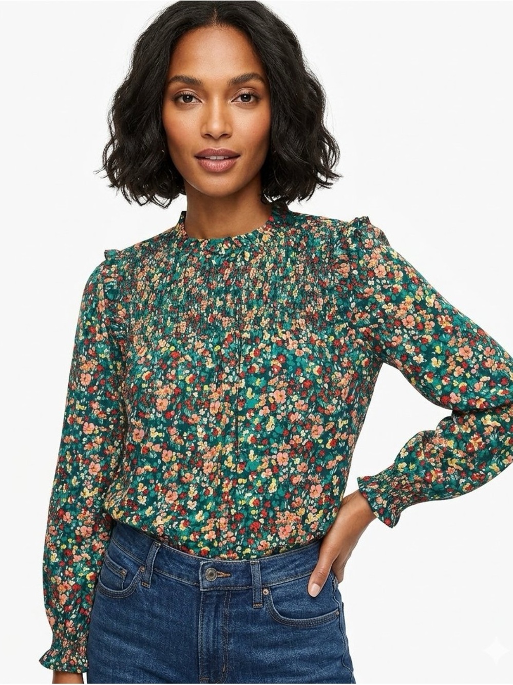 J. Crew Factory Green Floral Smocked-Ruffleneck Blouse